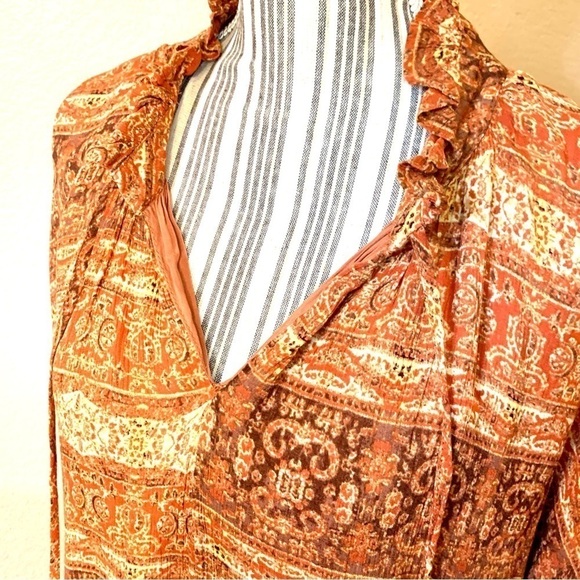 VICI Tunic Top Medium Orange Brown Rust 100% Rayon Long-Slvs Boho Flowy Smocked - Picture 8 of 16